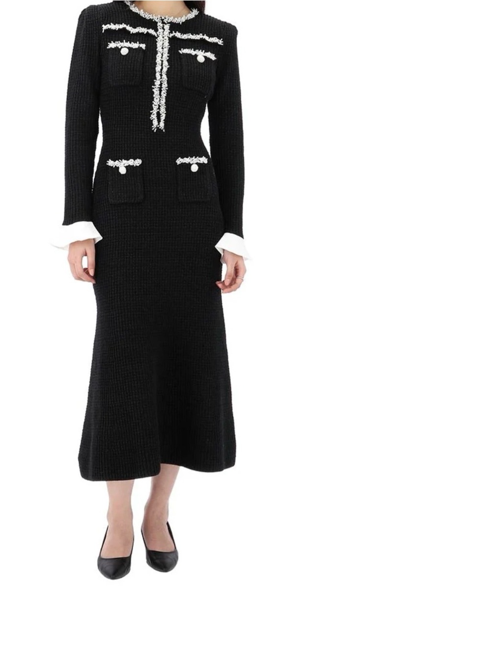 Self-Portrait Black Knit Long-Sleeve Midi Dress with Cream Trim